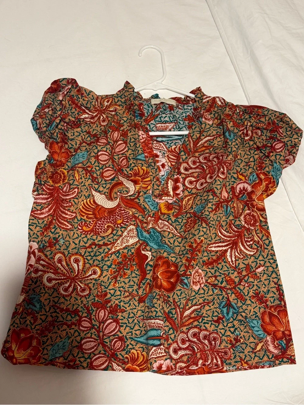 Ulla Johnson Floral Paisley Puff-Sleeve Top in Rust, Teal & Cream
